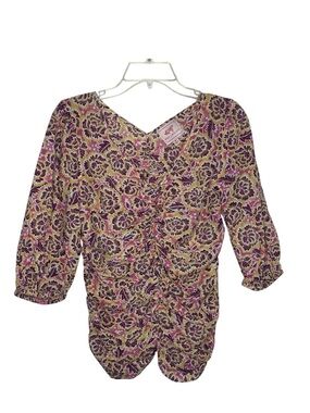 Banjanan Paisley Printed V-Neck Blouse Rushed 3/4 sleeves Size M